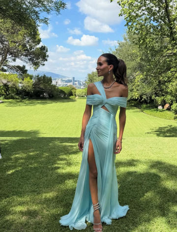 Niulatu Asymmetric Neck Sheath Long Prom Dresses Chiffon Tiffany Blue Evening Dresses HZ1026